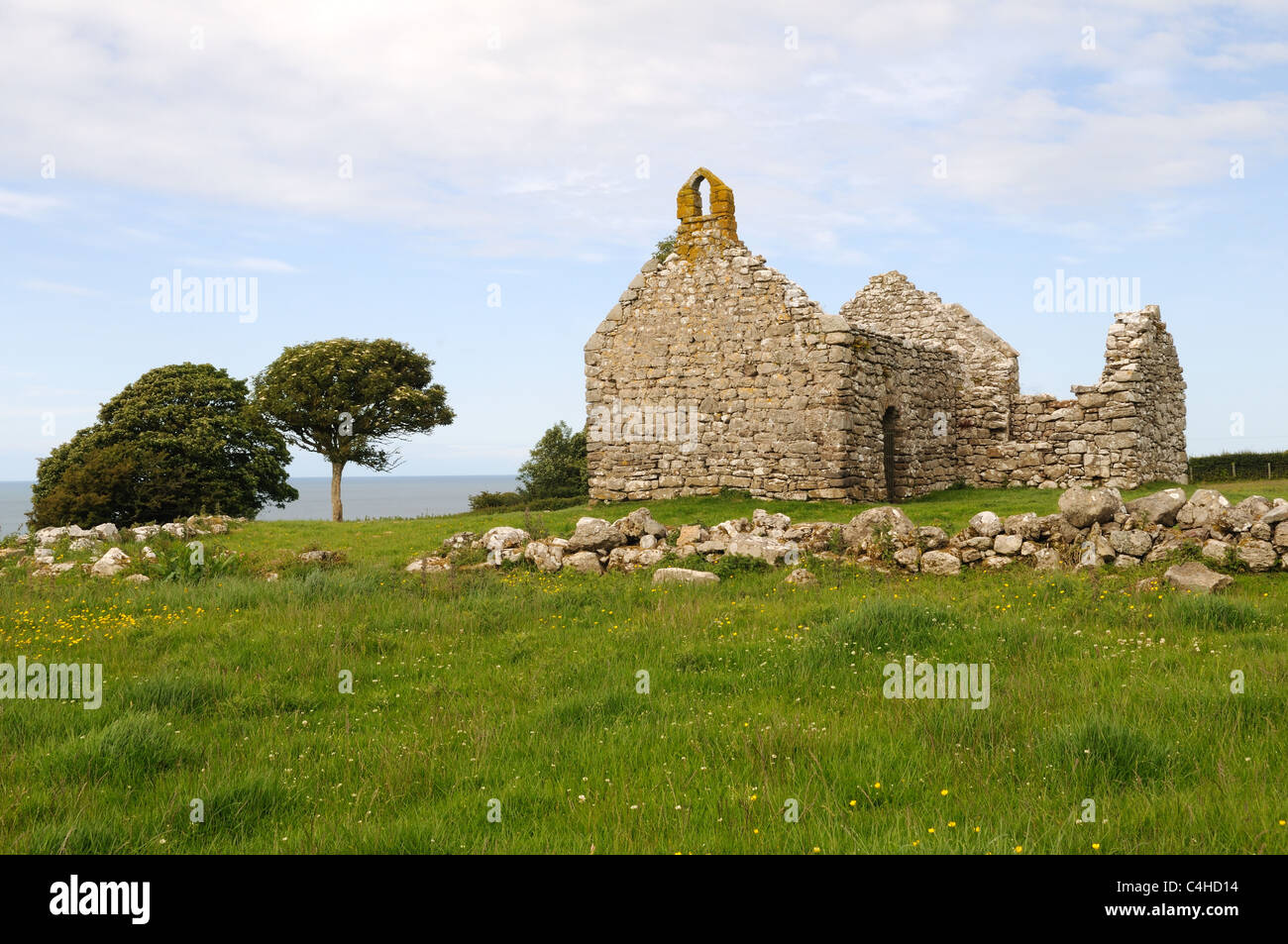 Resti del XII secolo la cappella Lligwy affacciato sulla Baia di Lligwy Moelfre Anglesey Gwynedd in Galles Cymru REGNO UNITO GB Foto Stock