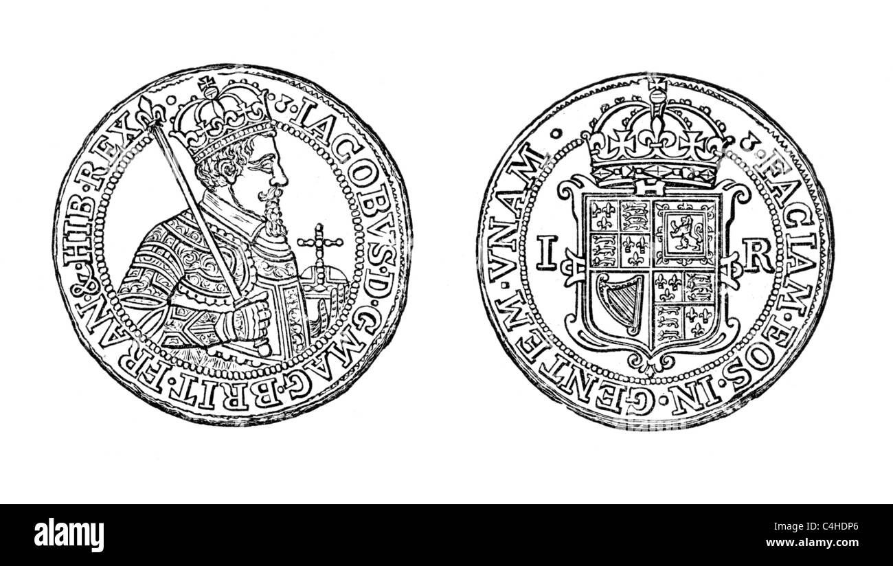 La Unite di Giacomo I, 1604, la prima moneta che hanno sostenuto la leggenda "Gran Bretagna"; Bianco e Nero illustrazione; Foto Stock