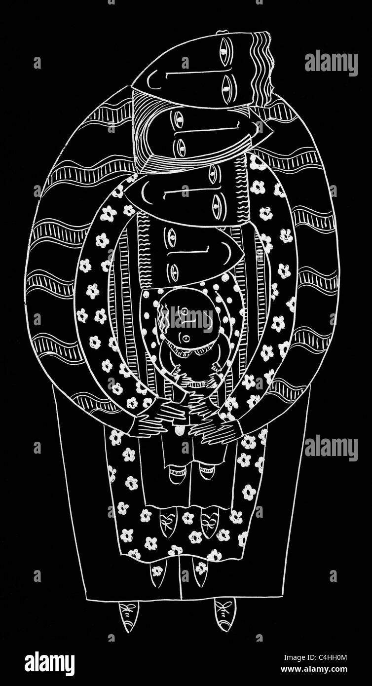 Abbraccio di famiglia - illustrazione d'arte in bianco e nero Foto Stock