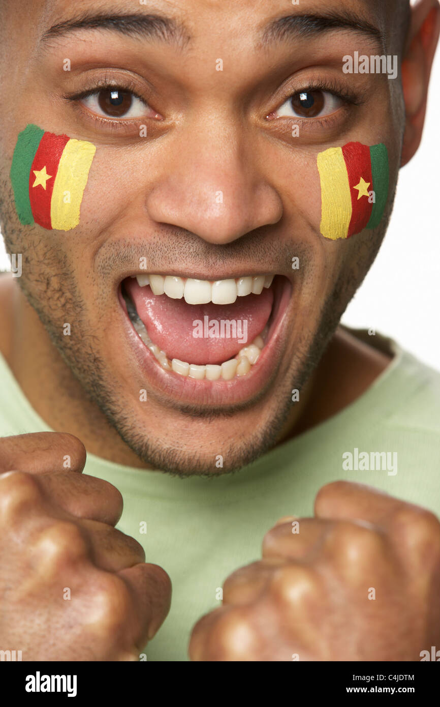 Maschi giovani appassionati di sport con la Bandiera del Camerun dipinto sul volto Foto Stock