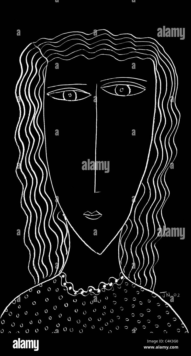 Illustrazione in bianco e nero di Una donna con capelli lunghi Foto Stock