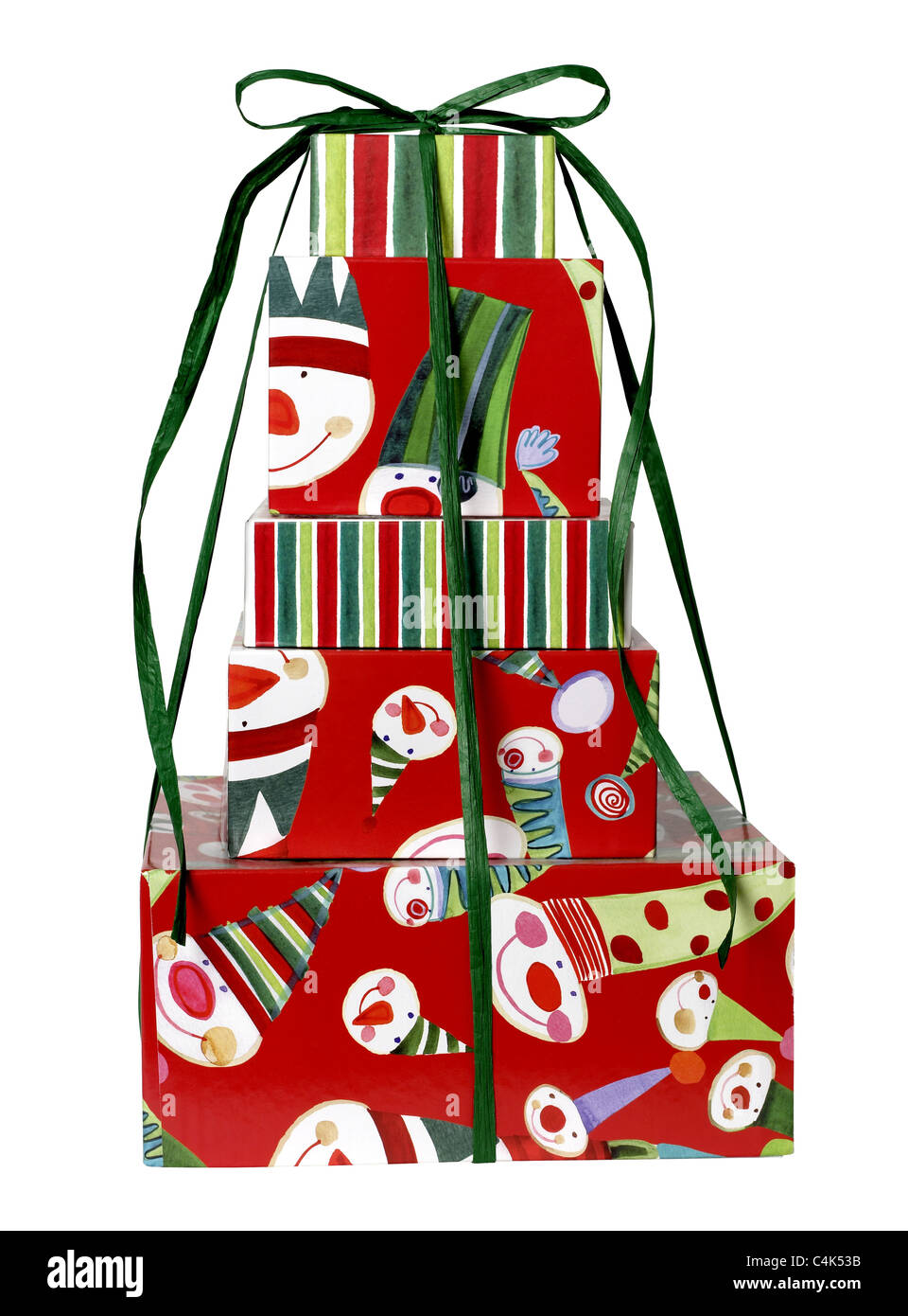 Confezioni regalo avvolto in nastro verde Foto Stock