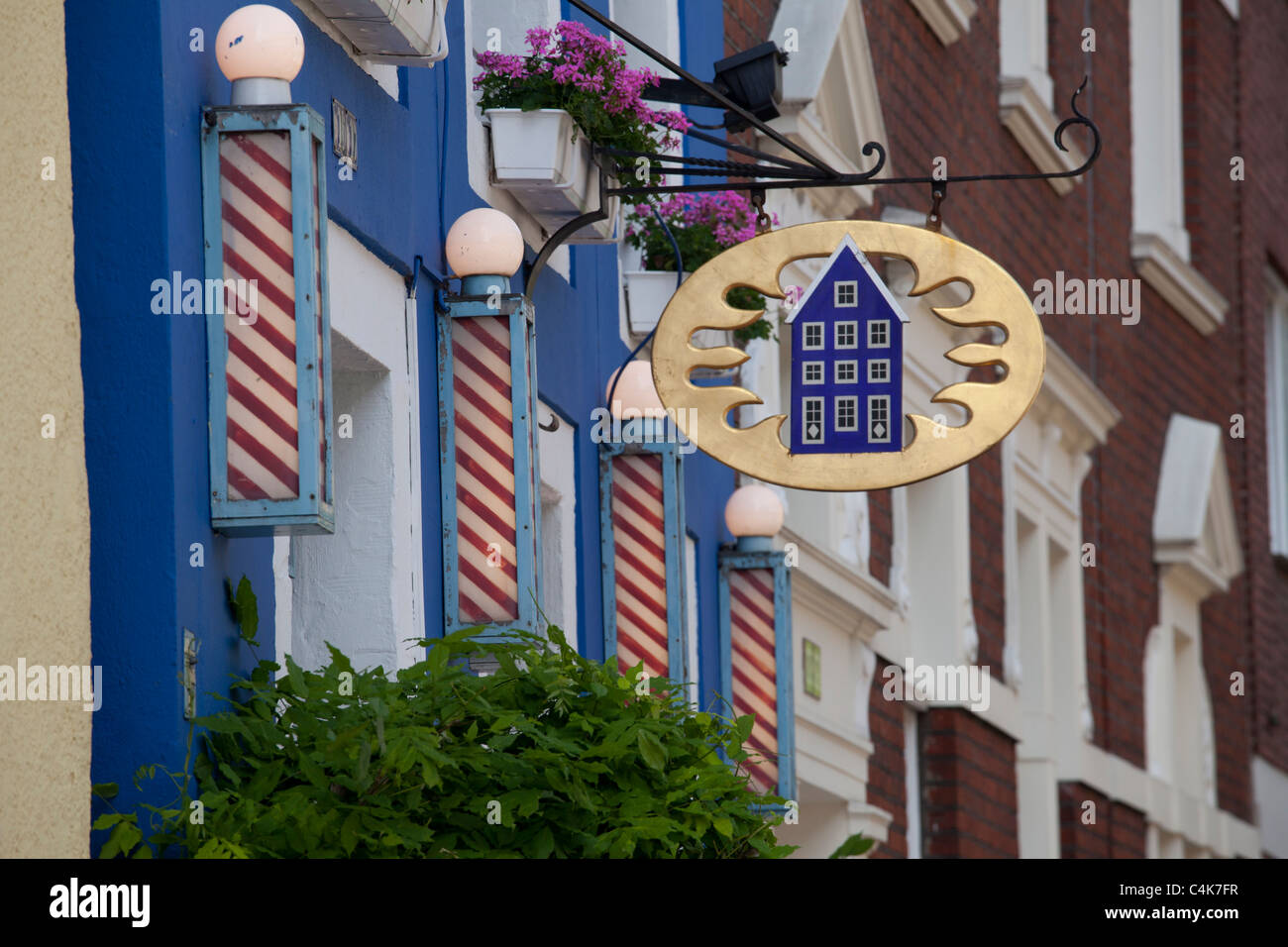 Segno blue house, Kreuzstrasse, Muenster Muensterland, Nord Reno-Westfalia, Germania Foto Stock
