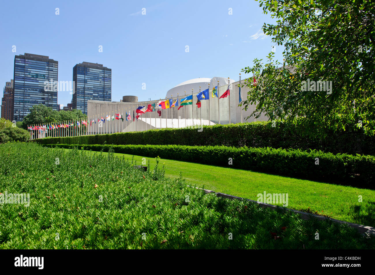 Bandiere degli Stati membri delle Nazioni unite in mostra presso la sede delle Nazioni Unite a New York City, Manhattan Stati Uniti. Foto Stock