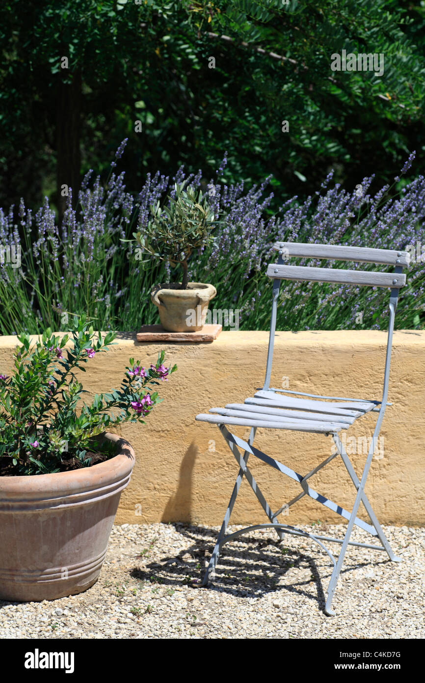 Tradizionale Francese giardino pieghevole sedia in giardino interno in Provenza Francia con lavanda e oliva in miniatura in teracotta pot Foto Stock