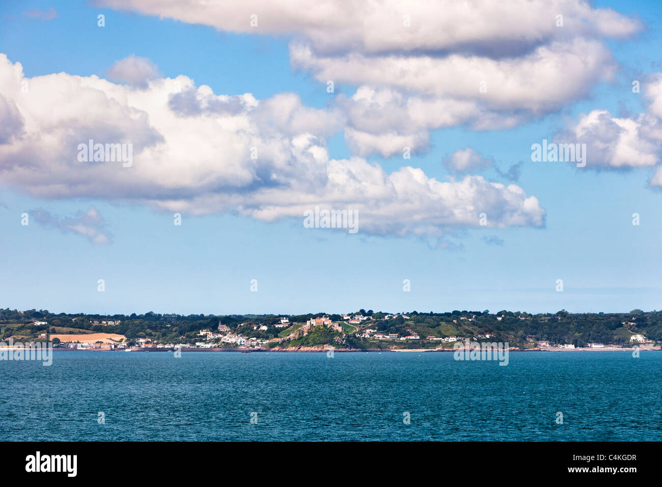 Jersey costa, Mont Orguiel castello e porto Gorey, Isole del Canale, Regno Unito, Europa Foto Stock