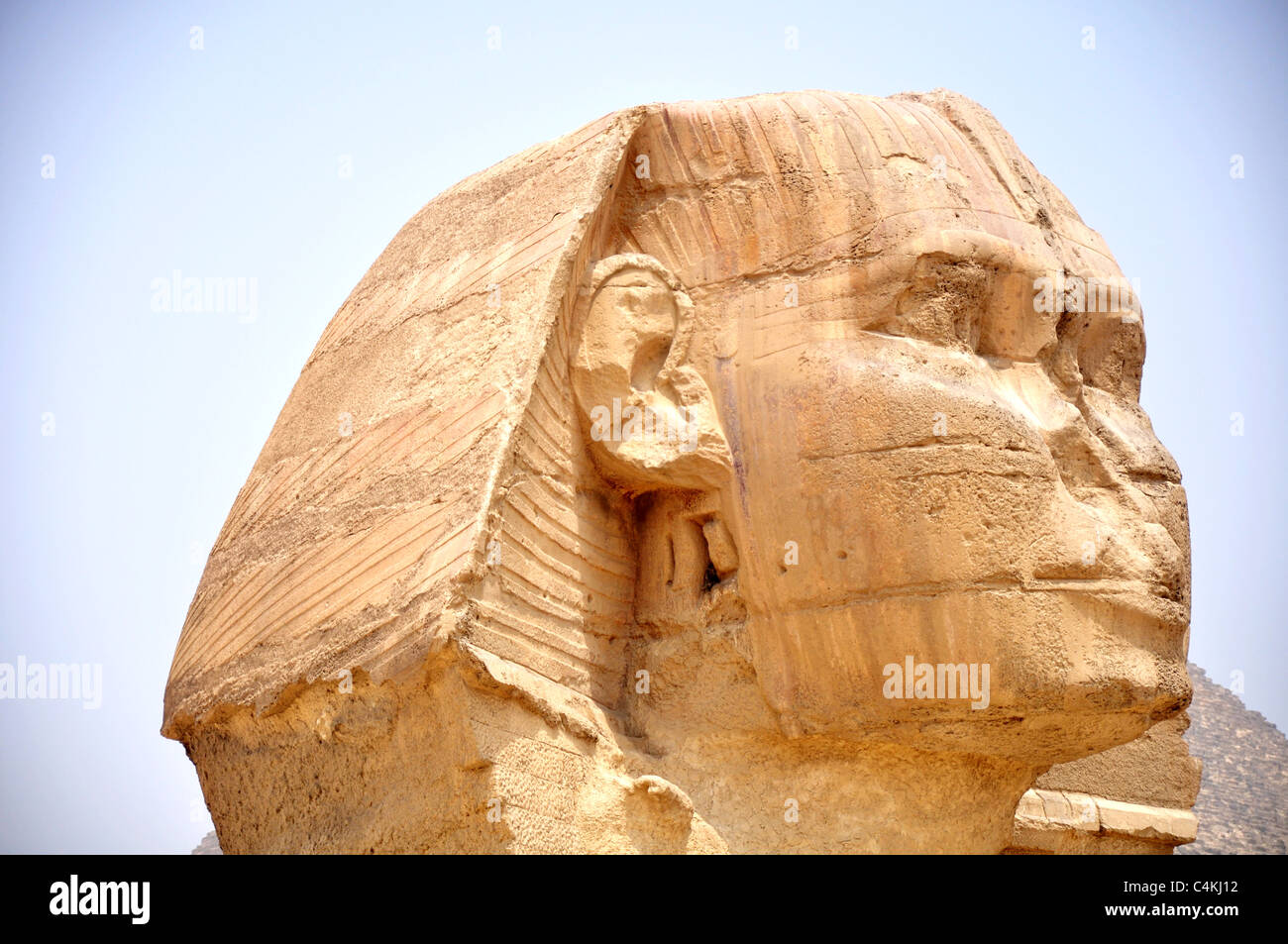 Vista ingrandita della famosa Sfinge davanti la gigantesca Piramide,l'Egitto. Foto Stock