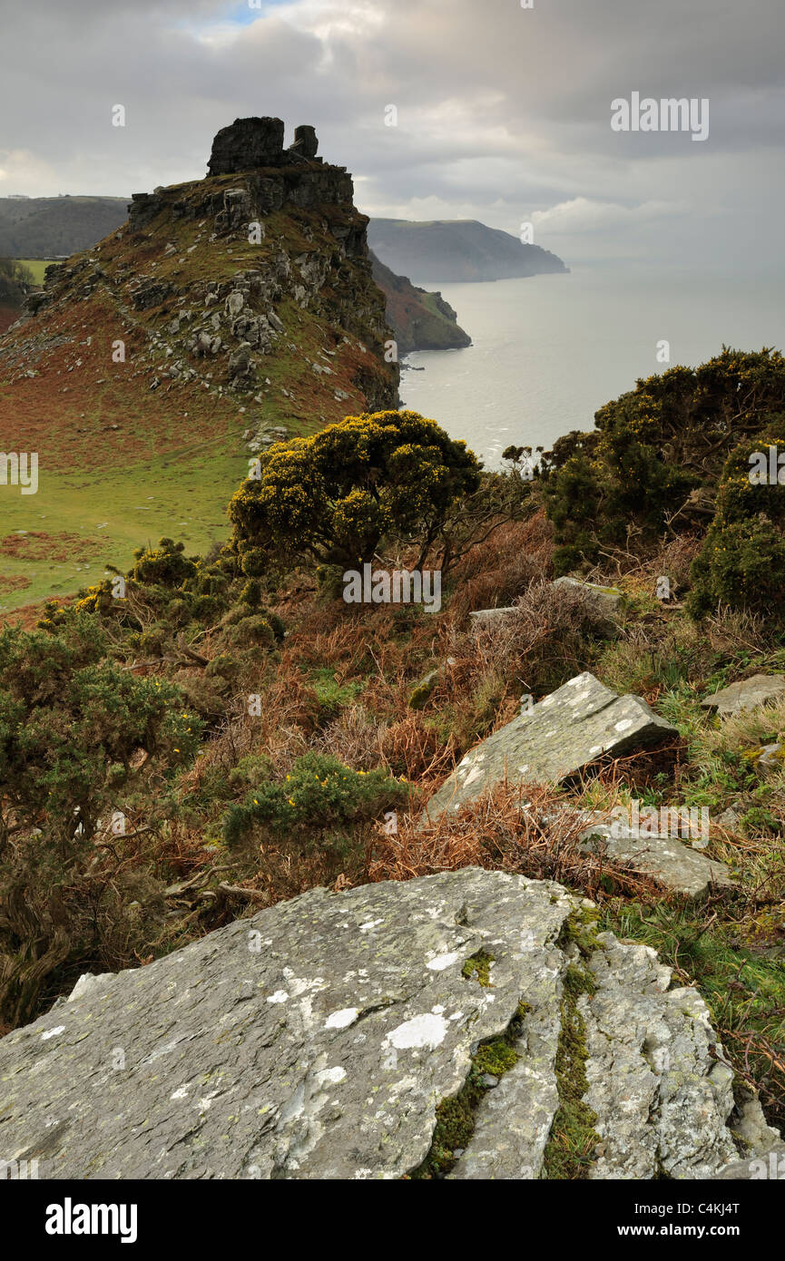 Castello di roccia nella valle di rocce vicino a Lynmouth Exmoor, Devon, Regno Unito Foto Stock