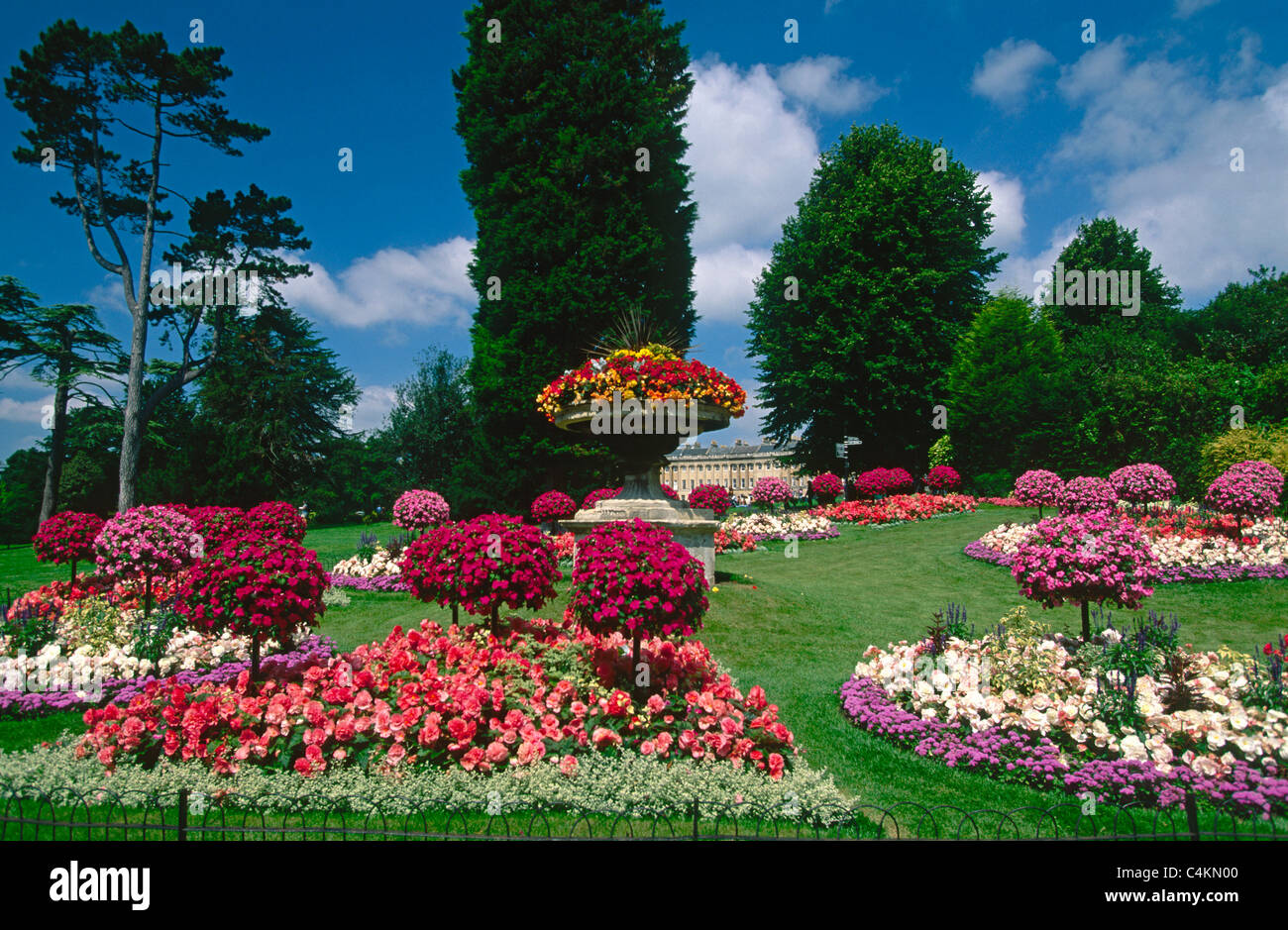 Bath, Inghilterra, Fiori, Giardino, Turismo alberi nuvole bianche prato rose parco rilassante giro turistico incantevole giorno d'estate fiori arrangiamento giardino d'arte Foto Stock