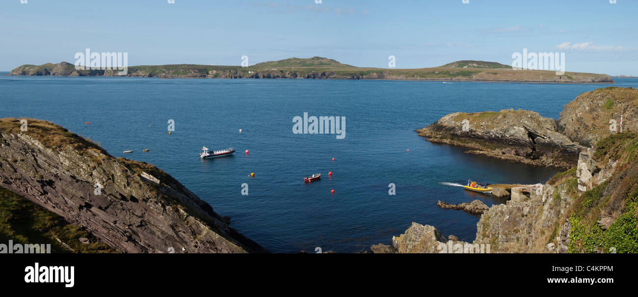 Panorama di Ramsey island da St Justinians, Pembrokeshire, Galles Foto Stock