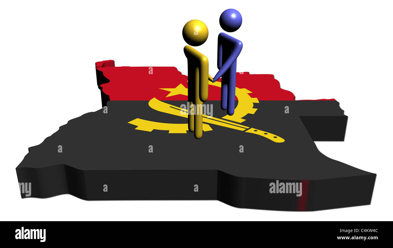 Le persone si stringono la mano con Angola bandiera mappa immagine Foto Stock