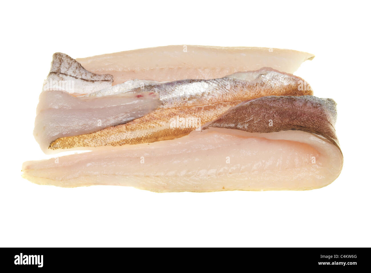 Merlano freschi i filetti di pesce isolato su bianco Foto Stock