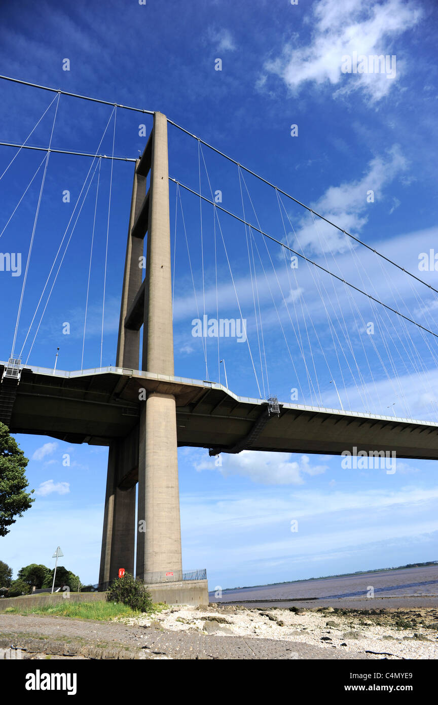 Il Humber Bridge il quinto più grande singolo span ponte di sospensione nel mondo, dal North Shore a Hessle Foto Stock