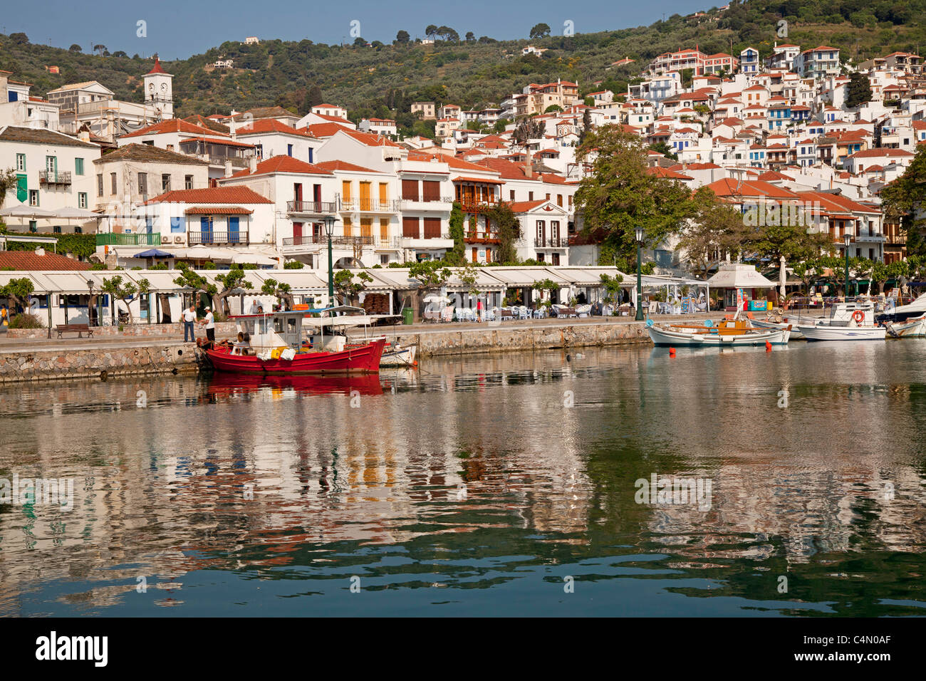 Città di Skopelos e Harbour, Skopelos Island, Sporadi settentrionali, Grecia Foto Stock