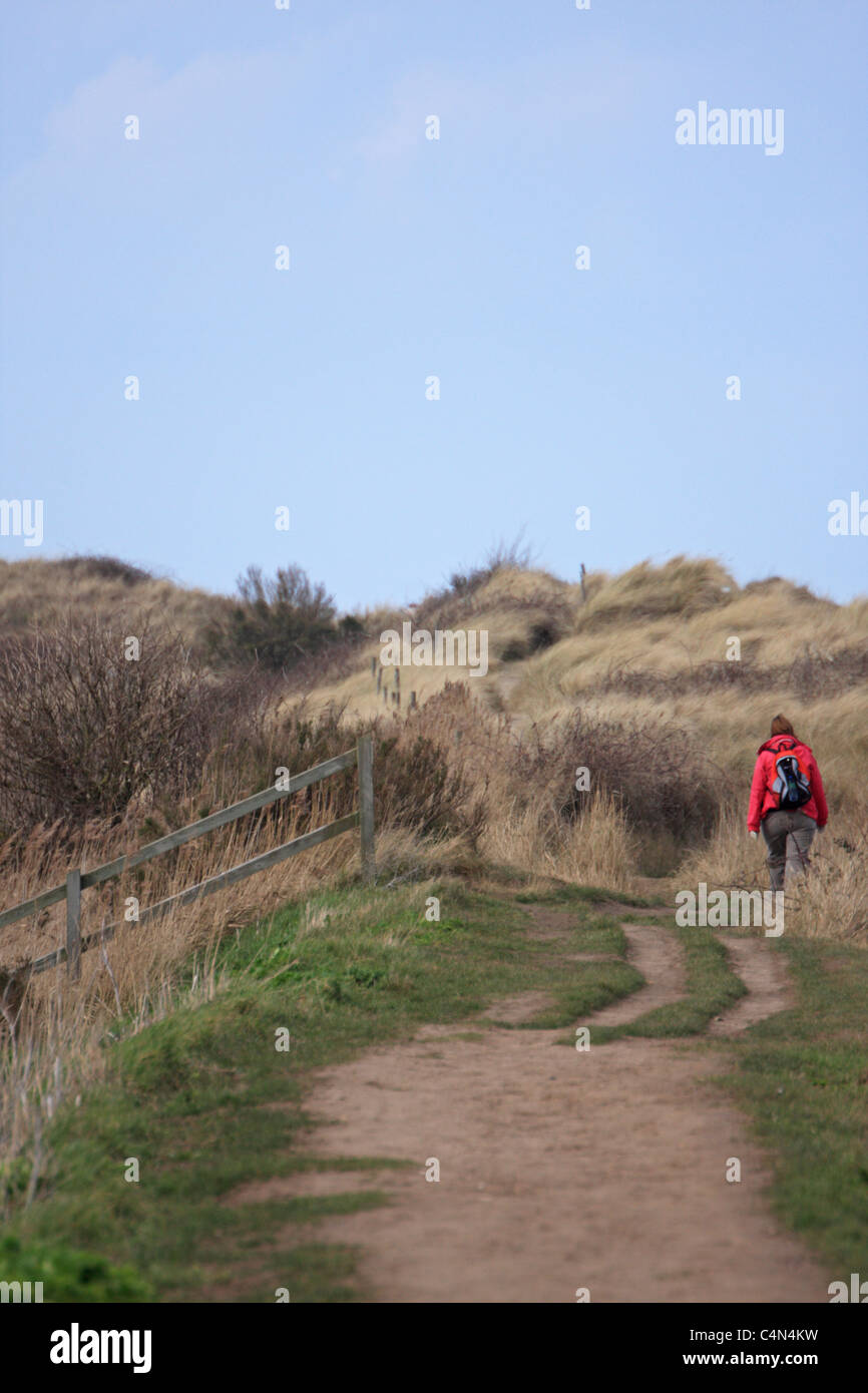 Donna che cammina lungo un paese sentiero costiero circondato da dune di sabbia, che conduce alla spiaggia. Norfolk England Regno Unito vista posteriore Foto Stock