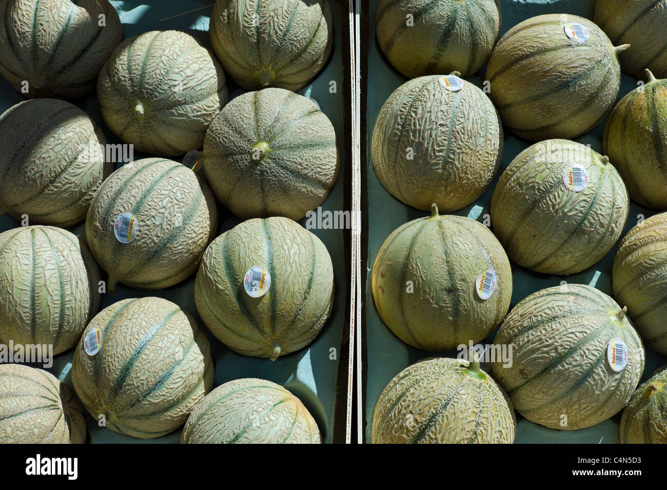 Il francese Charentais meloni in vendita al mercato alimentare a La Reole nella regione di Bordeaux in Francia Foto Stock