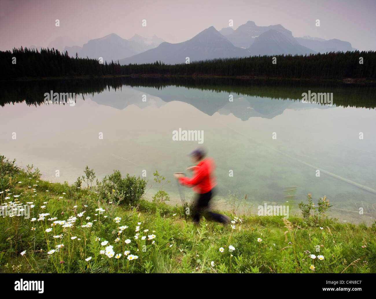 Escursionista presso Herbert Lake, il Parco Nazionale di Banff, Alberta, Canada. Foto Stock