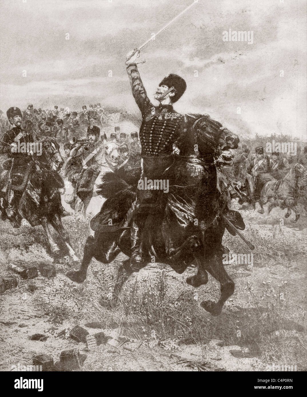 Artiglieria francese agli uomini la carica verso le posizioni nemiche durante la guerra franco-prussiana del 1870. Foto Stock