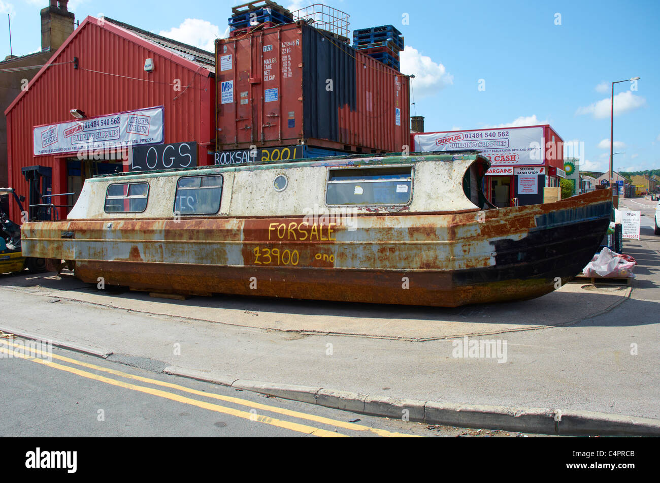 Canal barge in vendita (sulla strada). Foto Stock