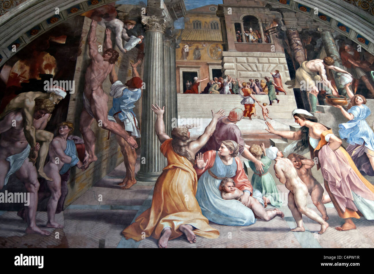 Di Raffaello in camera Musei Vaticani - dettaglio da "Incendio di Borgo' affresco Foto Stock