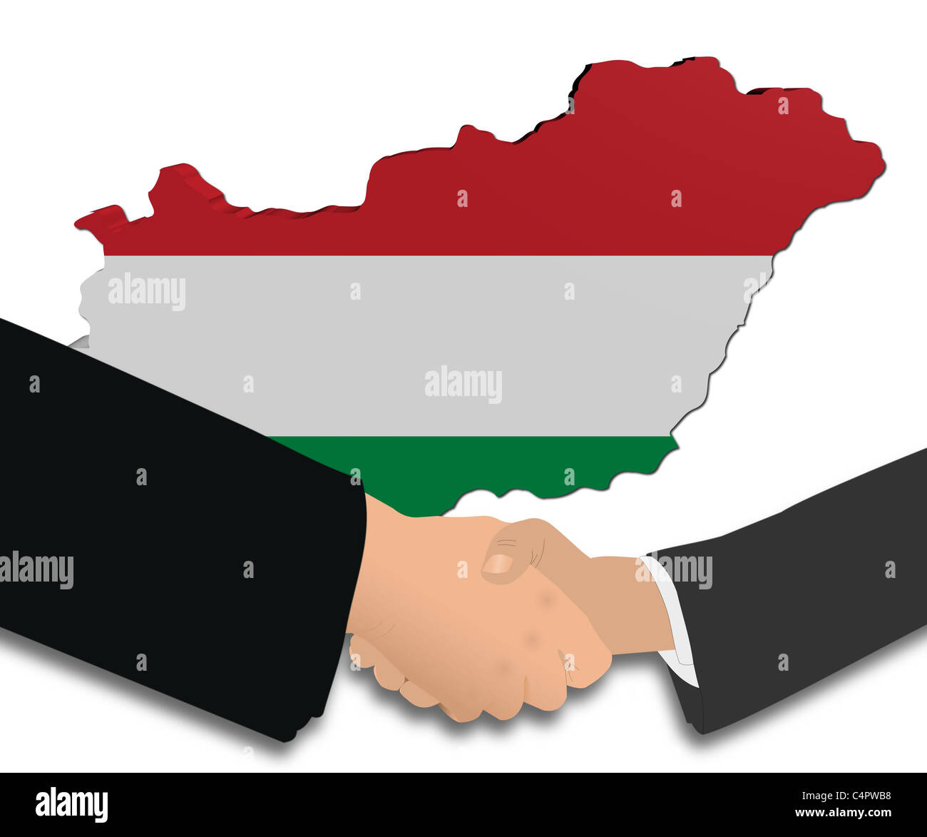 Le persone si stringono la mano con Ungheria bandiera mappa immagine Foto Stock