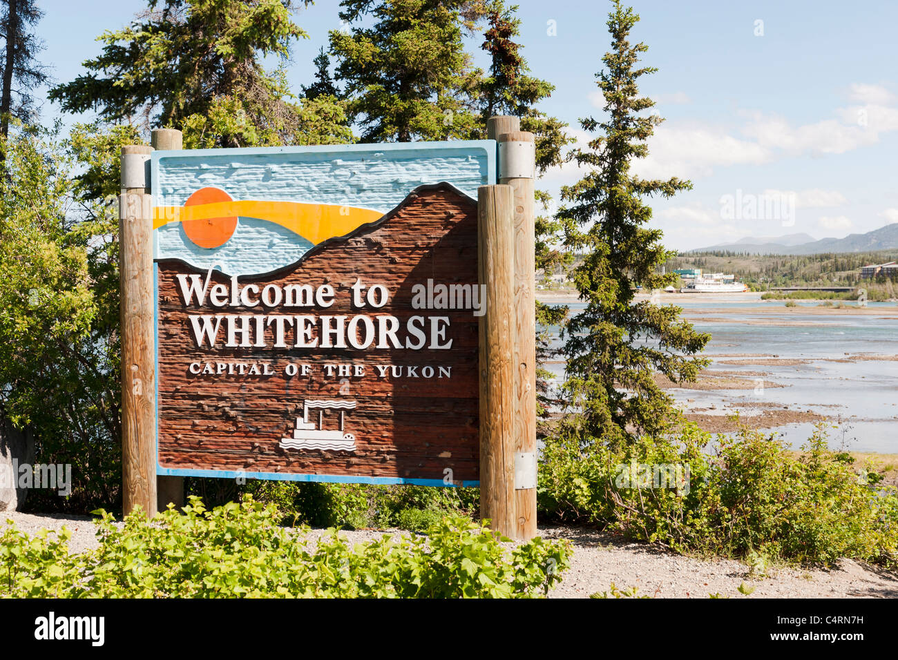 Segno di benvenuto. Whitehorse, Yukon Territory, Canada. Foto Stock