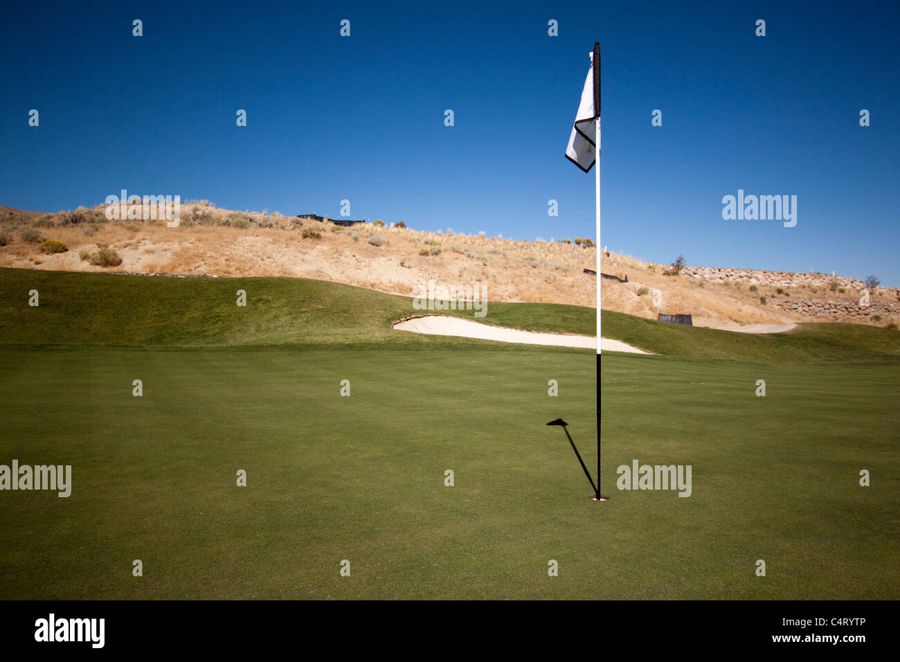 Campo da golf bandiera sul putting green paesaggio erba Campi da golf Foto Stock