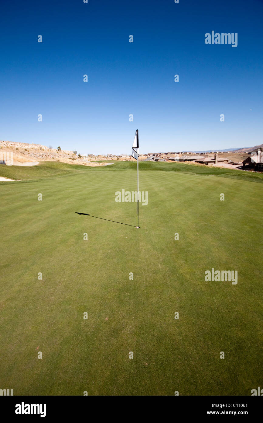 Campo da golf bandiera sul putting green paesaggio erba Campi da golf Foto Stock