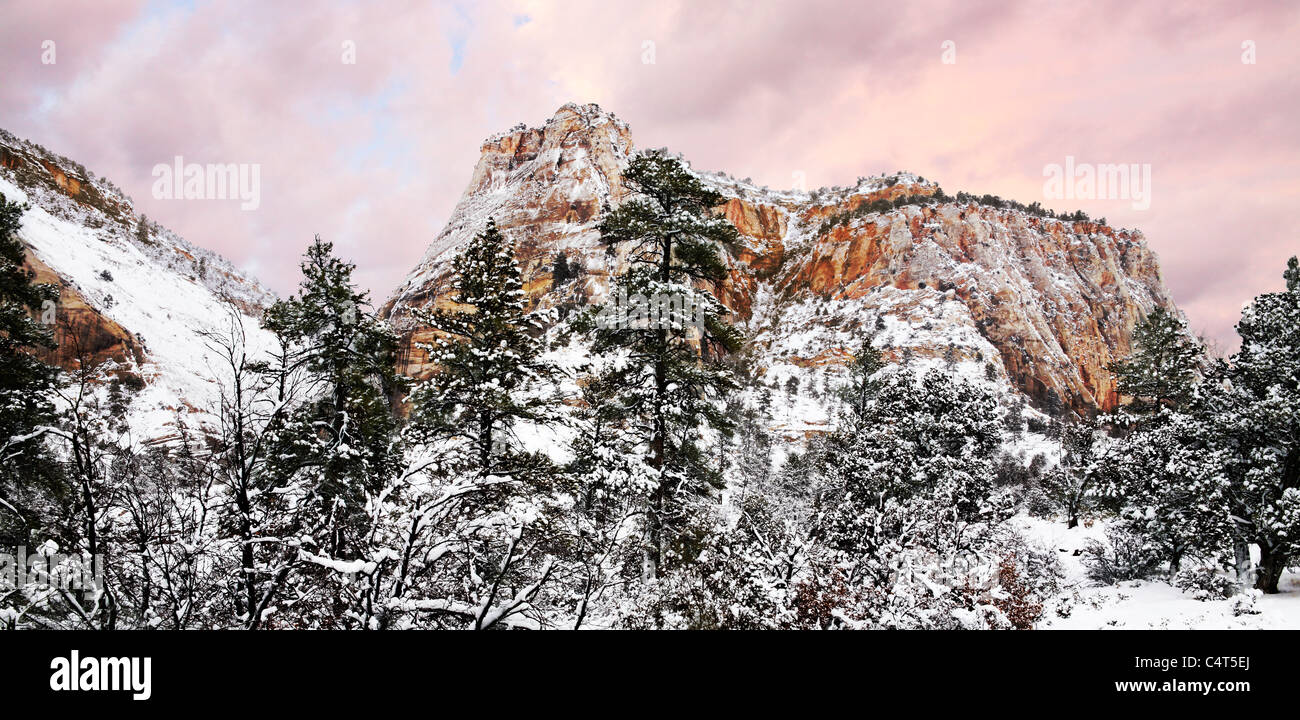 In inverno la neve spruzzata su un edificio di pietra arenaria in serata tendente al rosso luce al Parco Nazionale Zion; Utah, Stati Uniti d'America Foto Stock