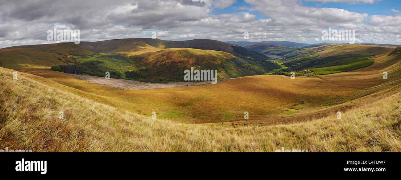 Panorama della foresta Talbont e serbatoio di Elisabetta, il Parco Nazionale di Brecon Beacons, Galles Foto Stock