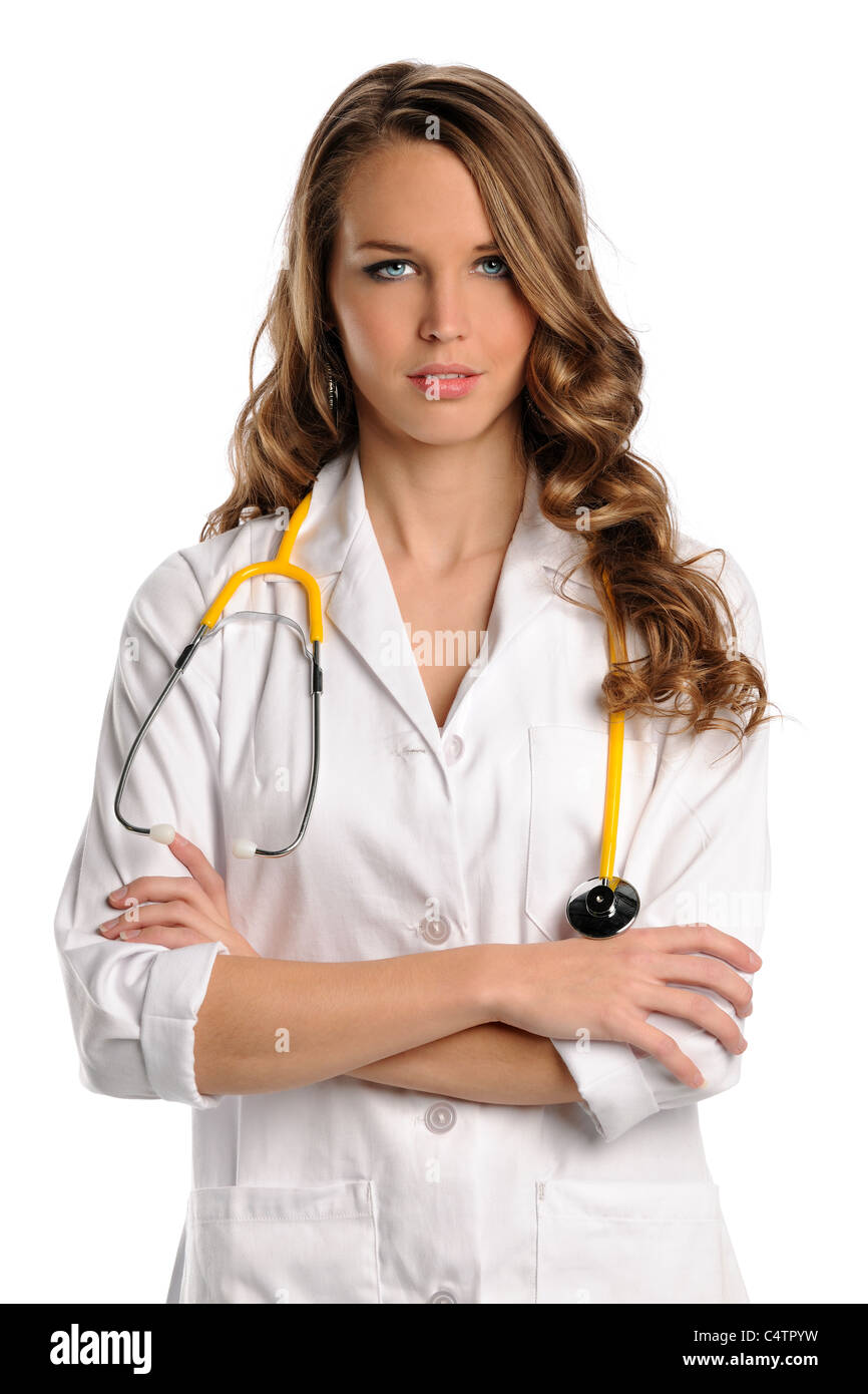 Ritratto di bella medico o infermiere con le braccia incrociate isolate su sfondo bianco Foto Stock