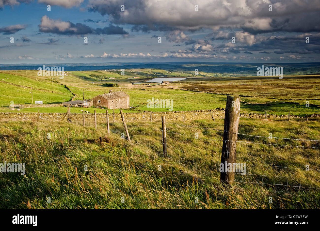 Pennine farm su spazzate dal vento sopra la brughiera calderdale nel Yorkshire Dales. Foto Stock