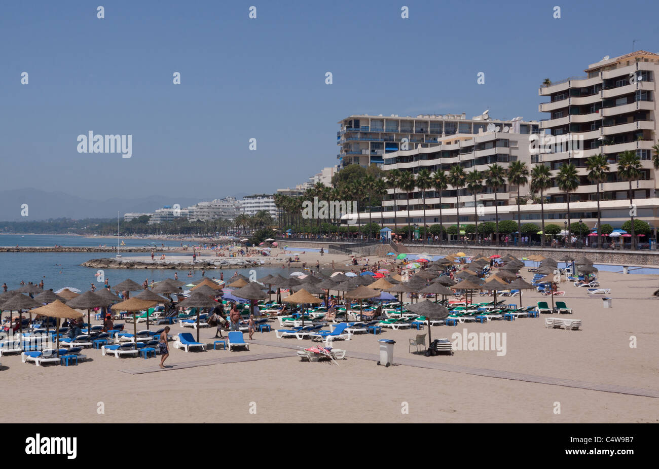 Marbella Beach con alberghi e appartamenti in piano ed un palmo rivestito prom Foto Stock