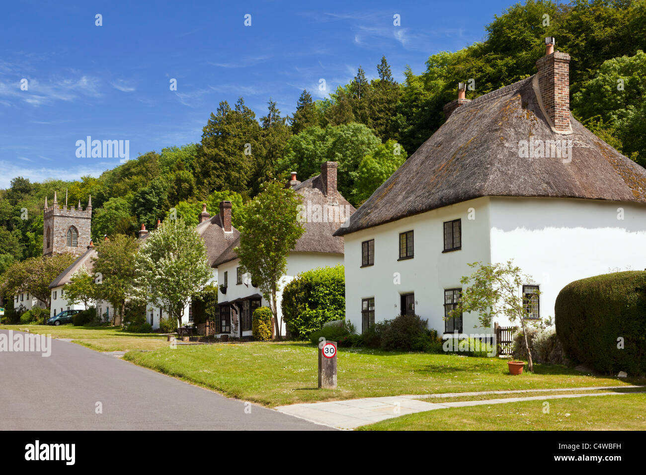 Villaggio inglese - Milton Abbas, con splendidi cottage con tetto in paglia tipici, Dorset, Inghilterra Regno Unito Foto Stock