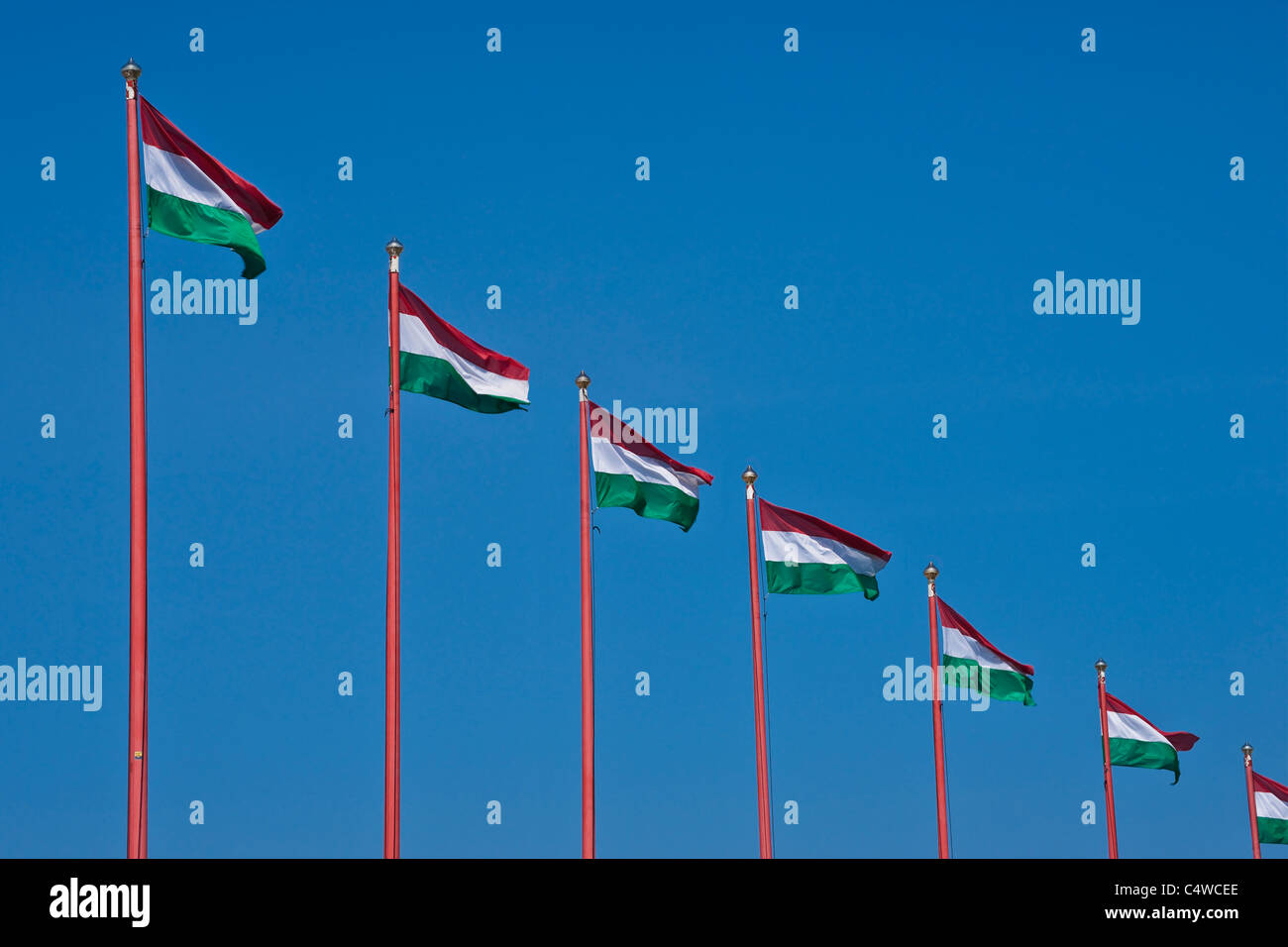 Viele Flaggen der Republik Ungarischen in einer Reihe | numerose bandiere provenienti dalla Repubblica di Ungheria in una linea Foto Stock