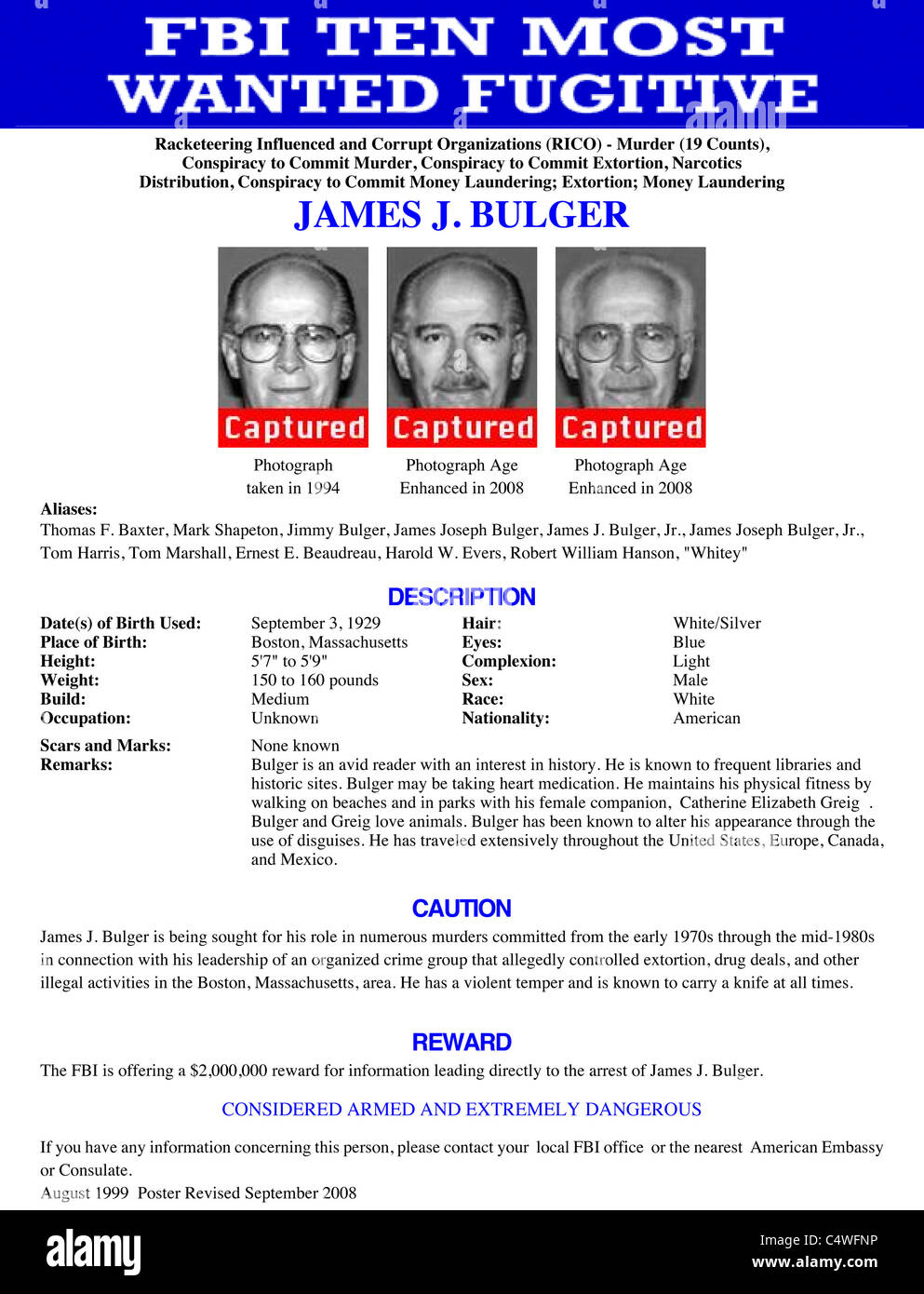 Il FBI Ten Most Wanted poster per James (Whitey Bulger) contrassegnato "catturata" Foto Stock