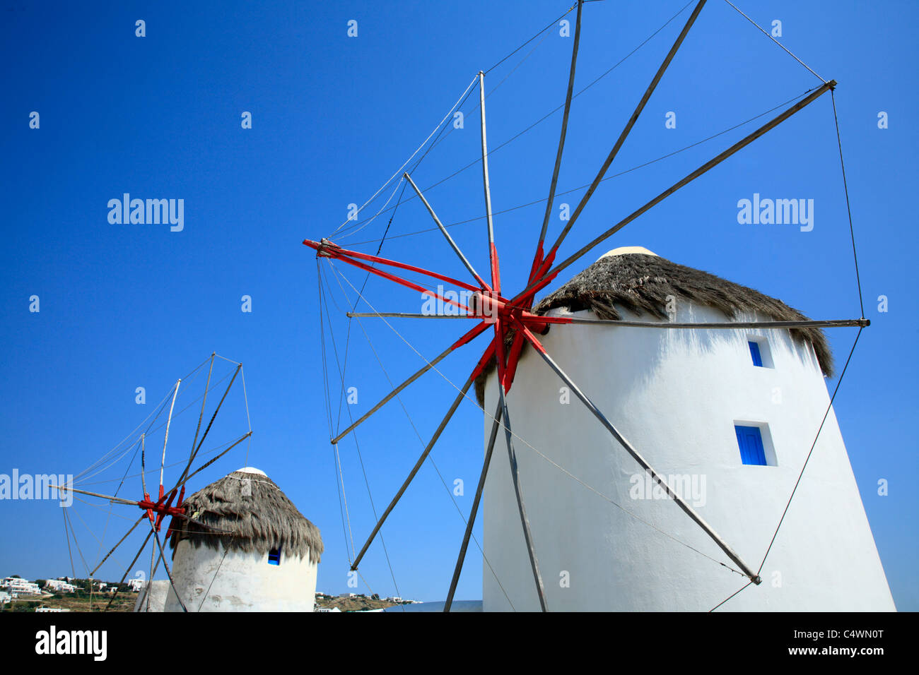 Iconico mulini a vento di Mykonos greca isola cicladi grecia UE Unione europea EUROPA Foto Stock