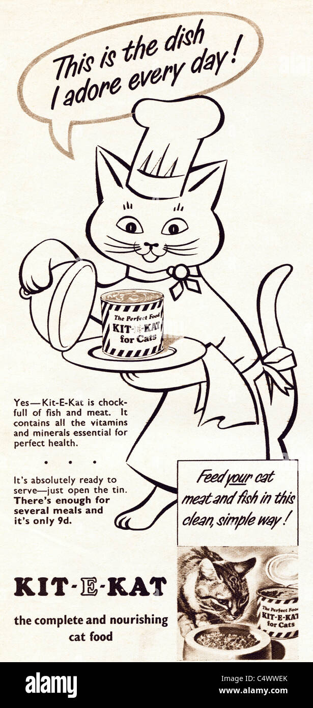 Periodo originale annuncio nella rivista nel 1954 circa pubblicità KIT-E-KAT  alimento di gatto Foto stock - Alamy
