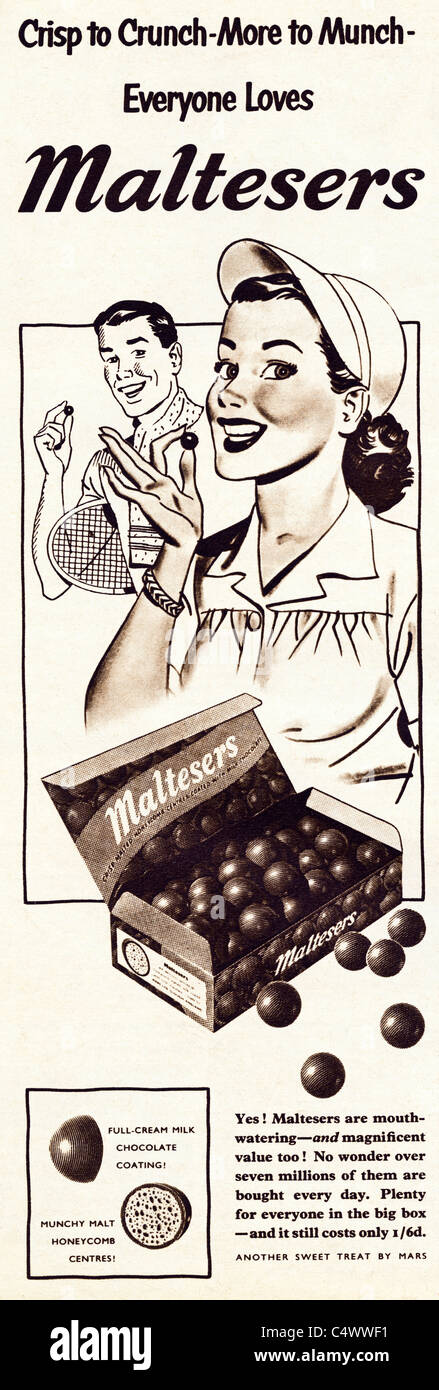 Periodo originale annuncio nella rivista nel 1954 circa MALTESERS pubblicità fatta da Marte Foto Stock