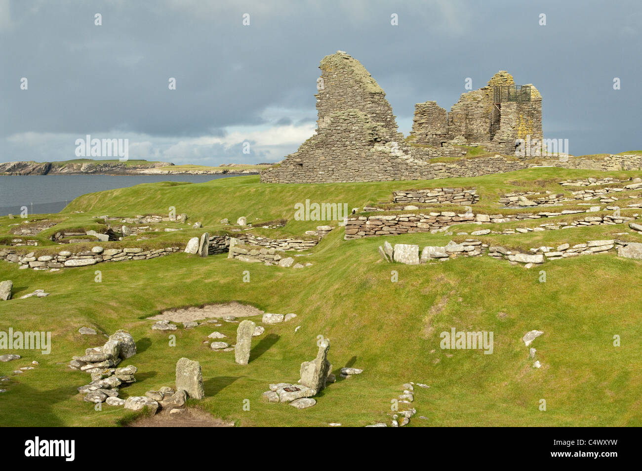 Jarlshof preistorica e norreni insediamento, Sumburgh Shetland Arcipelago subartiche Scozia UK Europa Foto Stock
