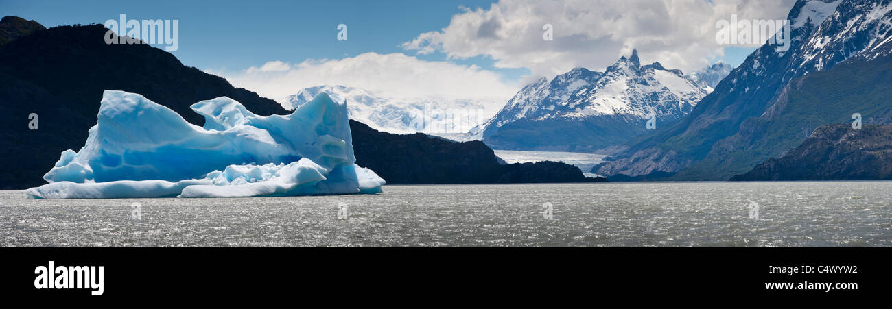 Vista panoramica della Cordigliera del Paine e lago con GRIGIO ICEBERG Foto Stock