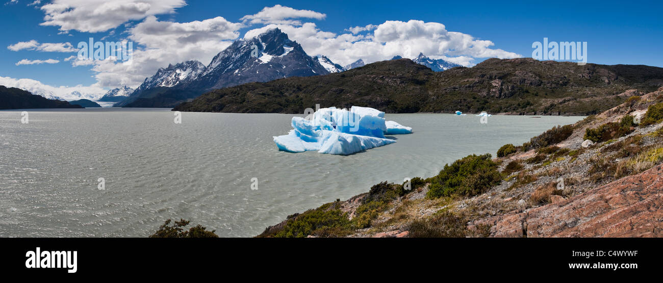 Vista panoramica della Cordigliera del Paine e lago con GRIGIO ICEBERG Foto Stock