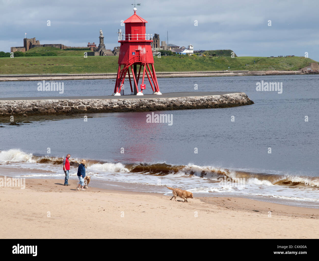 Un uomo e una donna a piedi i loro cani sulla spiaggia di Littlehaven a Tynemouth su una soleggiata giornata di primavera Foto Stock
