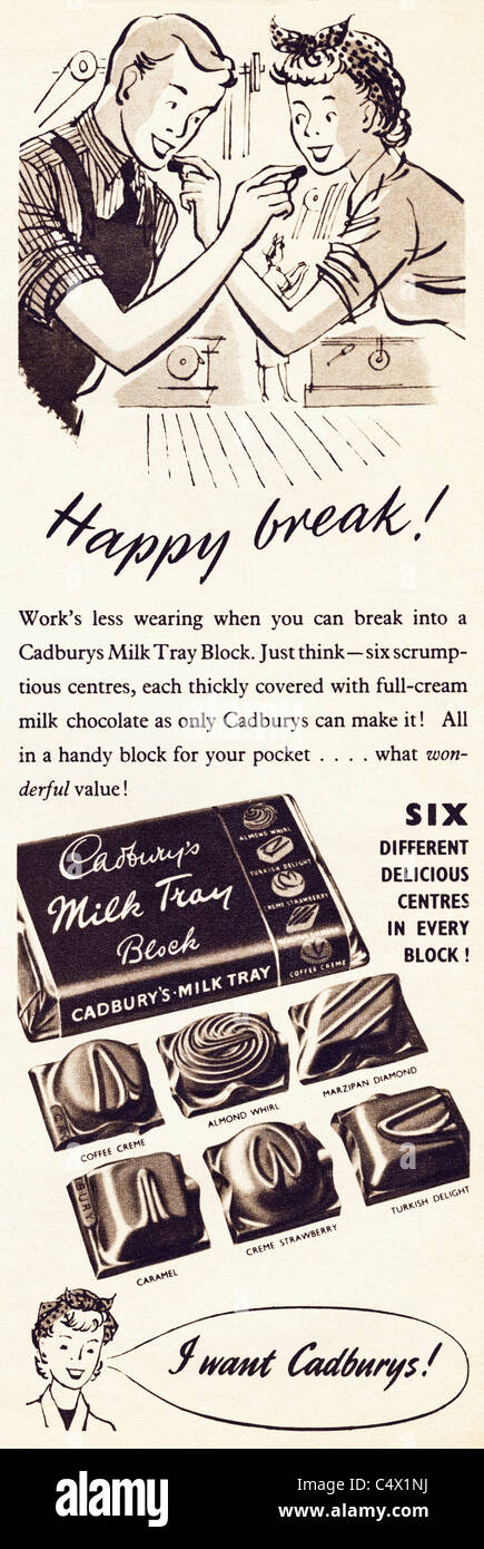 Periodo originale annuncio nella rivista circa 1953 pubblicità CADBURYS LATTE cioccolatini vassoio Foto Stock