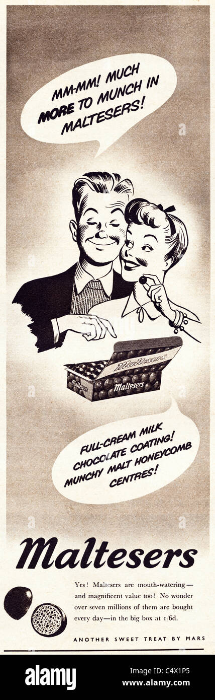 Periodo originale annuncio nella rivista circa 1953 MALTESERS pubblicità fatta da Marte Foto Stock