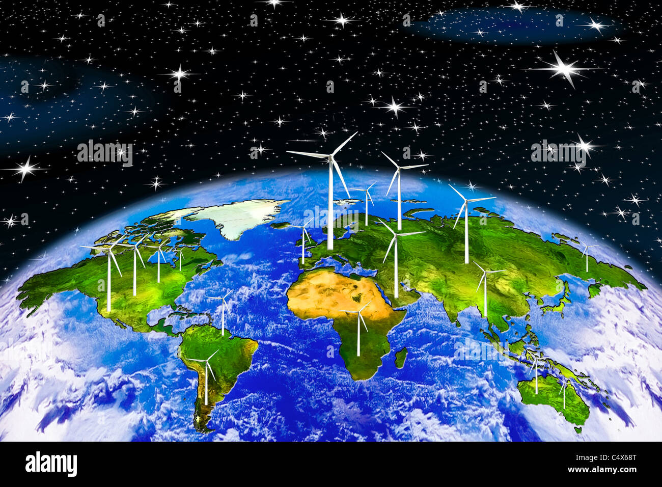 Le turbine eoliche su una mappa del mondo sullo sfondo di un cielo notturno Foto Stock