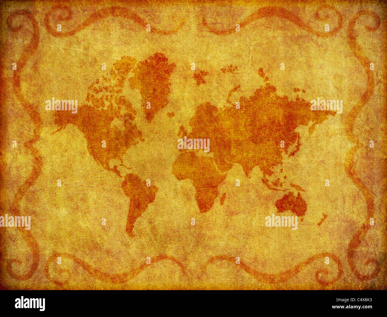 Illustrazione di una vecchia mappa del mondo su una tela come fabric texture. Foto Stock