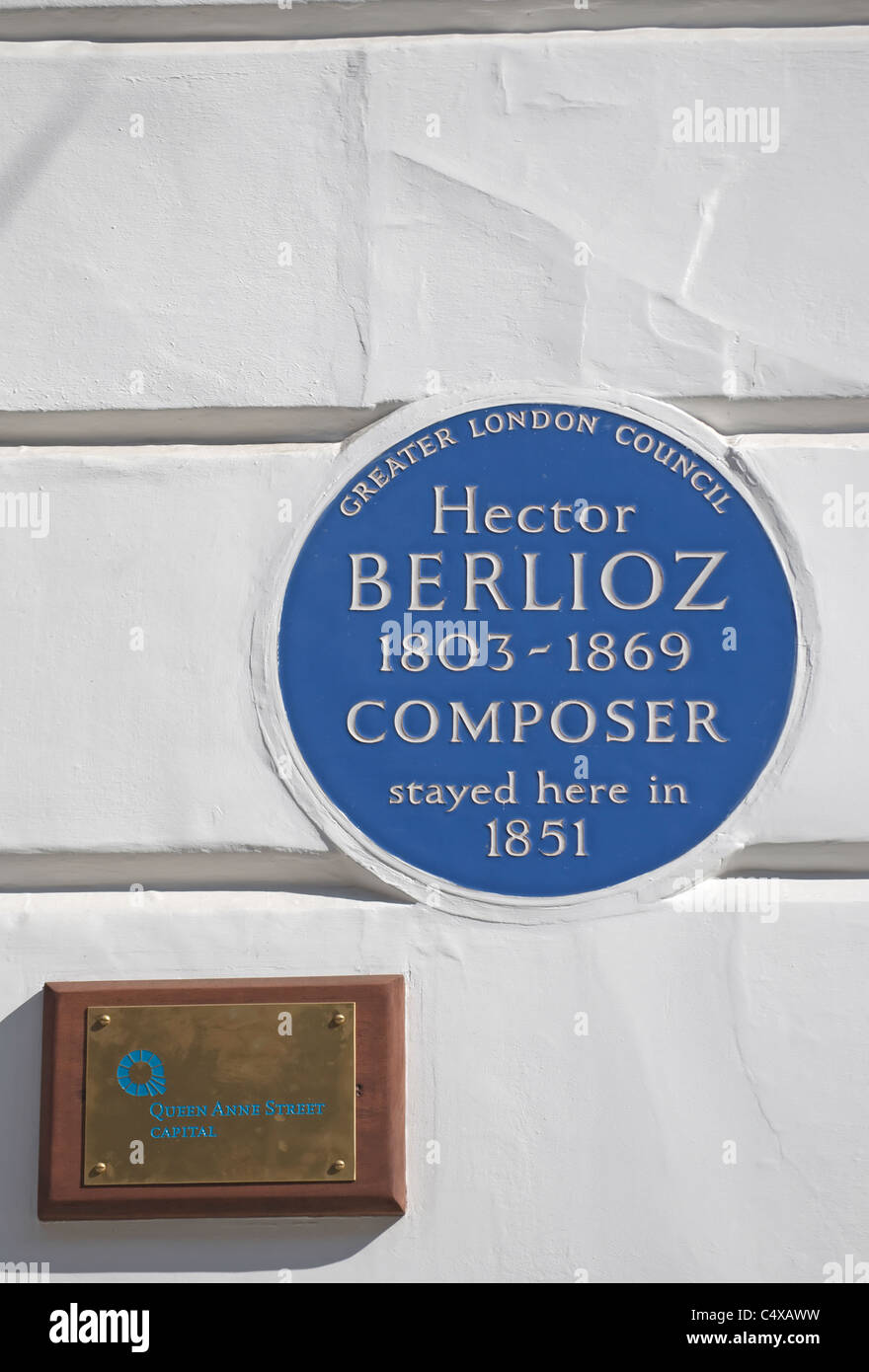 Greater London consiglio targa blu segnando una casa dove il compositore Hector Berlioz alloggiato durante il 1851, Marylebone Londra, Inghilterra Foto Stock