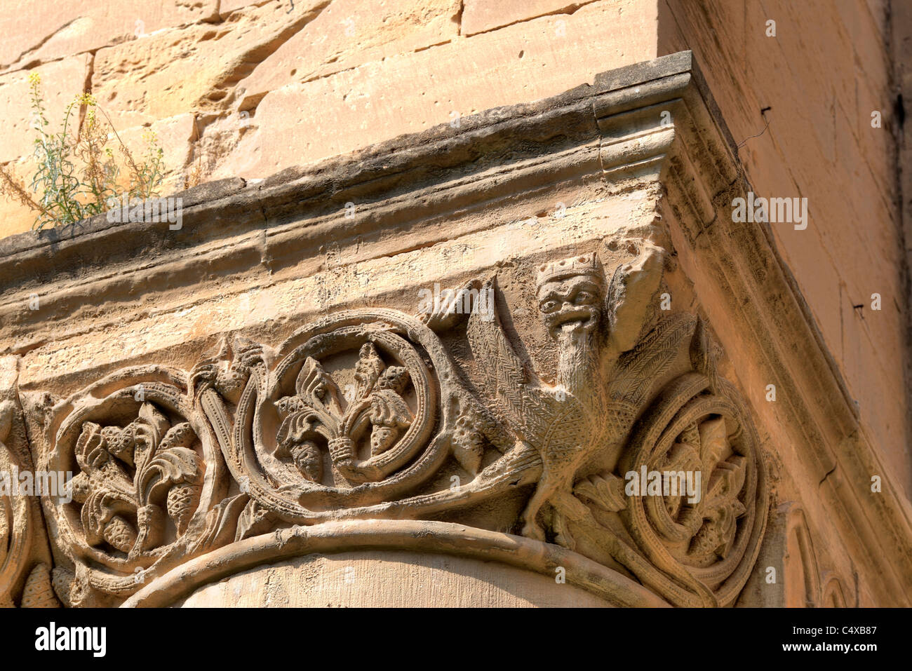 Colonna di capitale, Cattedrale di Santa Maria di La Seu Vella, Lleida, Catalogna, Spagna Foto Stock