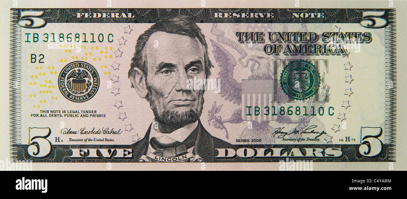 Cinque 5 dollari Dollaro bill nota note le fatture Foto Stock